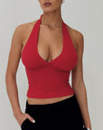 Elegant Women's Halter Crop Top with V-Ring and Adjustable Straps – Soft Summer Going Out Tank Top