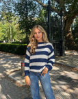 Stylish Women's Oversized Striped Sweater with Bateau Neckline – Soft Polyester and Spandex Blend, Loose Fit