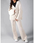 Elegant Knitted Co Ord Set with Drop-Shoulder Cardigan and High-Waisted Wide-Leg Pants – Soft Ribbed Loungewear