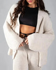 Elegant Knitted Co Ord Set with Drop-Shoulder Cardigan and High-Waisted Wide-Leg Pants – Soft Ribbed Loungewear
