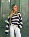 Stylish Women's Oversized Striped Sweater with Bateau Neckline – Soft Polyester and Spandex Blend, Loose Fit