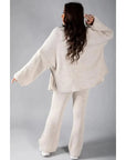Elegant Knitted Co Ord Set with Drop-Shoulder Cardigan and High-Waisted Wide-Leg Pants – Soft Ribbed Loungewear