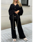 Elegant Knitted Co Ord Set with Drop-Shoulder Cardigan and High-Waisted Wide-Leg Pants – Soft Ribbed Loungewear