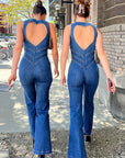 Stylish Denim Jumpsuit for Women with Heart-Shaped Cutout – Comfortable Casual Fashion in Denim Blue