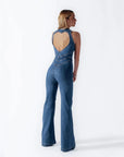 Stylish Denim Jumpsuit for Women with Heart-Shaped Cutout – Comfortable Casual Fashion in Denim Blue