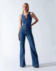 Stylish Denim Jumpsuit for Women with Heart-Shaped Cutout – Comfortable Casual Fashion in Denim Blue