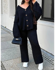 Variant image for Elegant Knitted Co Ord Set with Drop-Shoulder Cardigan and High-Waisted Wide-Leg Pants – Soft Ribbed Loungewear-1