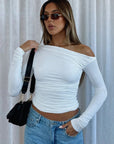 Off-Shoulder Long Sleeve Top for Women – Ultra-Stretch Fabric with Asymmetrical Neckline and Chic Textured Look
