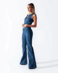 Stylish Denim Jumpsuit for Women with Heart-Shaped Cutout – Comfortable Casual Fashion in Denim Blue