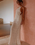 Elegant White Maxi Dress with Halter Neck and Open Back – Flattering Long Dress for Women