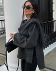 Stylish Scarf Coat with Matching Scarf – Warm Wool Blend Design in Anthracite Gray and Brown, Available in Sizes S to L