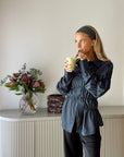 Elegant Scrunched Blouse in Black and Baby Blue – Slim Fit, Soft Fabric, Flattering Silhouette for Effortless Style