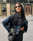 Stylish Womens Denim Two Piece Set - Relaxed Shirt and Straight Jeans in Dark Blue Double Denim Outfit