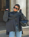 Stylish Scarf Coat with Matching Scarf – Warm Wool Blend Design in Anthracite Gray and Brown, Available in Sizes S to L