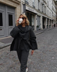 Stylish Scarf Coat with Matching Scarf – Warm Wool Blend Design in Anthracite Gray and Brown, Available in Sizes S to L
