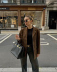 Brown Oversized Blazer for Women – Soft Suede Polyester and Spandex Blend, Casual Chic Autumn Style