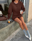 Elegant Mocha Mousse Two Piece Skirt Set for Women with Button Details – Chic Matching Outfit Set