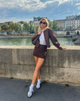 Elegant Mocha Mousse Two Piece Skirt Set for Women with Button Details – Chic Matching Outfit Set