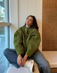 Oversized Black Bomber Jacket for Men and Women - Soft Polyester Casual Outerwear with Pockets