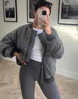 Pink Oversized Bomber Jacket for Women – Cozy Padded Spring Outerwear with Deep Pockets
