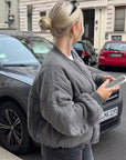 Pink Oversized Bomber Jacket for Women – Cozy Padded Spring Outerwear with Deep Pockets