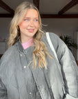 Pink Oversized Bomber Jacket for Women – Cozy Padded Spring Outerwear with Deep Pockets