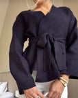Mauve Long Cardigan for Women with Tie Waist – Stylish Layering Piece in Burgundy, Navy Blue, Black, and Crème