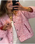 Pink Patchwork Quilted Women's Jacket – Stylish Warm Outerwear for Spring and Fall, Relaxed Fit, Machine Washable