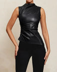 Variant image for Sculpted Artificial Leather Women's Top – High Neckline Asymmetrical Cut Going Out Top for Elegant Fashion-7