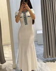 White Womens Dress - Elegant Knitted Denim Summer Dress with Gold Buttons, Figure-Hugging Fit and Flared Bottom