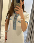 White Womens Dress - Elegant Knitted Denim Summer Dress with Gold Buttons, Figure-Hugging Fit and Flared Bottom