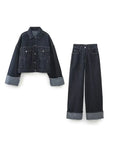 Variant image for Stylish Womens Denim Two Piece Set - Relaxed Shirt and Straight Jeans in Dark Blue Double Denim Outfit-1
