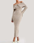 Elegant Off-Shoulder Summer Dress with Flared Sleeves – Comfortable Ankle-Length Cocktail Dress in Soft Polyester
