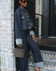 Stylish Womens Denim Two Piece Set - Relaxed Shirt and Straight Jeans in Dark Blue Double Denim Outfit