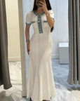 Variant image for White Womens Dress - Elegant Knitted Denim Summer Dress with Gold Buttons, Figure-Hugging Fit and Flared Bottom-1