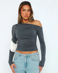 Variant image for Off-Shoulder Long Sleeve Top for Women – Ultra-Stretch Fabric with Asymmetrical Neckline and Chic Textured Look-21