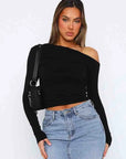 Variant image for Off-Shoulder Long Sleeve Top for Women – Ultra-Stretch Fabric with Asymmetrical Neckline and Chic Textured Look-6