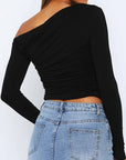 Off-Shoulder Long Sleeve Top for Women – Ultra-Stretch Fabric with Asymmetrical Neckline and Chic Textured Look