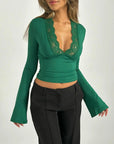 Chic Women's Top with Lace Details, Long-Sleeved Deep V-Neck Blouse for Going Out – Flared Sleeves, Elegant Design