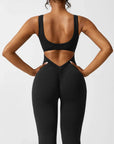 Black Jumpsuit for Women – V-Back Scrunch Design with Removable Cups, Soft & Breathable Fabric, High Waist Fit