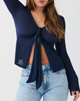 Variant image for Stylish Women's Tie Front Long Sleeve Top with V-Neck and Flared Sleeves – Chic Going Out Blouse Available in Multiple Colors-1
