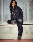 Stylish Womens Denim Two Piece Set - Relaxed Shirt and Straight Jeans in Dark Blue Double Denim Outfit
