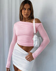 Off-Shoulder Long Sleeve Top for Women – Ultra-Stretch Fabric with Asymmetrical Neckline and Chic Textured Look