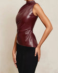 Sculpted Artificial Leather Women's Top – High Neckline Asymmetrical Cut Going Out Top for Elegant Fashion