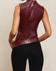 Sculpted Artificial Leather Women's Top – High Neckline Asymmetrical Cut Going Out Top for Elegant Fashion