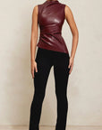 Sculpted Artificial Leather Women's Top – High Neckline Asymmetrical Cut Going Out Top for Elegant Fashion