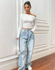 Off-Shoulder Long Sleeve Top for Women – Ultra-Stretch Fabric with Asymmetrical Neckline and Chic Textured Look