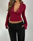 Chic Women's Top with Lace Details, Long-Sleeved Deep V-Neck Blouse for Going Out – Flared Sleeves, Elegant Design
