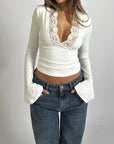 Variant image for Chic Women's Top with Lace Details, Long-Sleeved Deep V-Neck Blouse for Going Out – Flared Sleeves, Elegant Design-1