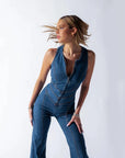 Stylish Denim Jumpsuit for Women with Heart-Shaped Cutout – Comfortable Casual Fashion in Denim Blue